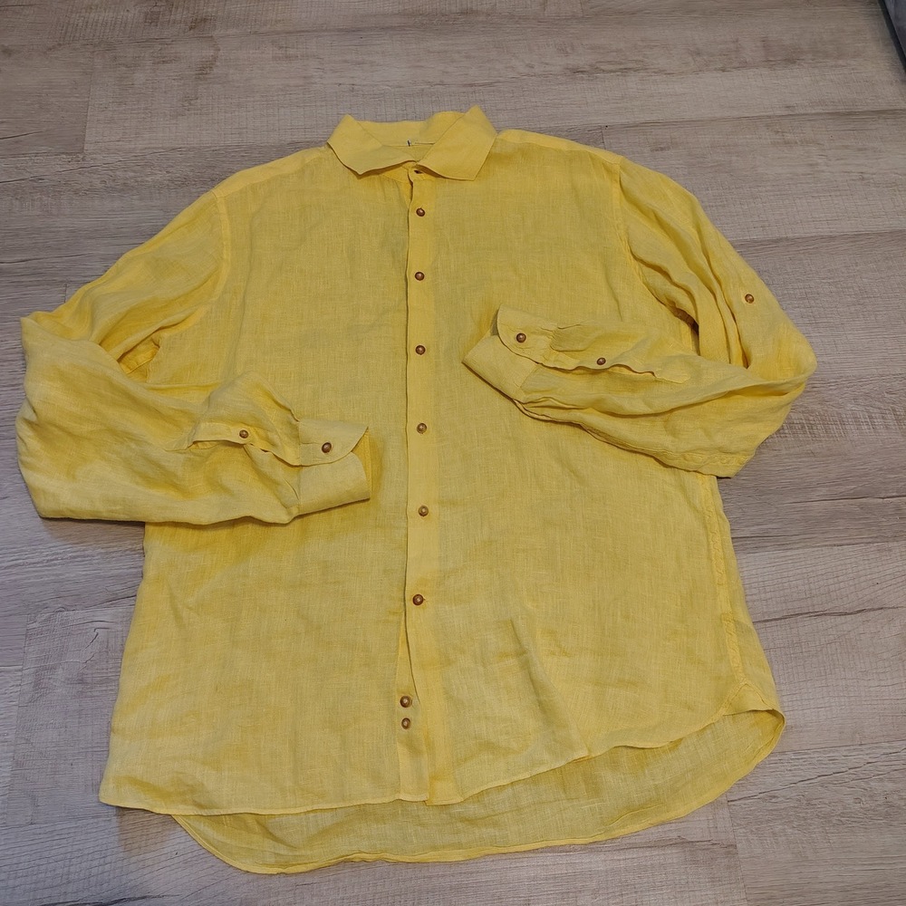 Camicissima Mens Yellow Linen Button Down Shirt Comfort Fit Size 41 L Long Sleev